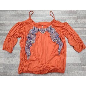 FREE PEOPLE ORANGE EMBROIDERED 2 LAYER PEASANT TOP SIZE XS